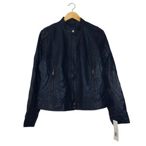 Bernardo Faux Leather Moto Jacket Womens L Dark Cobalt Blue NEW 804587